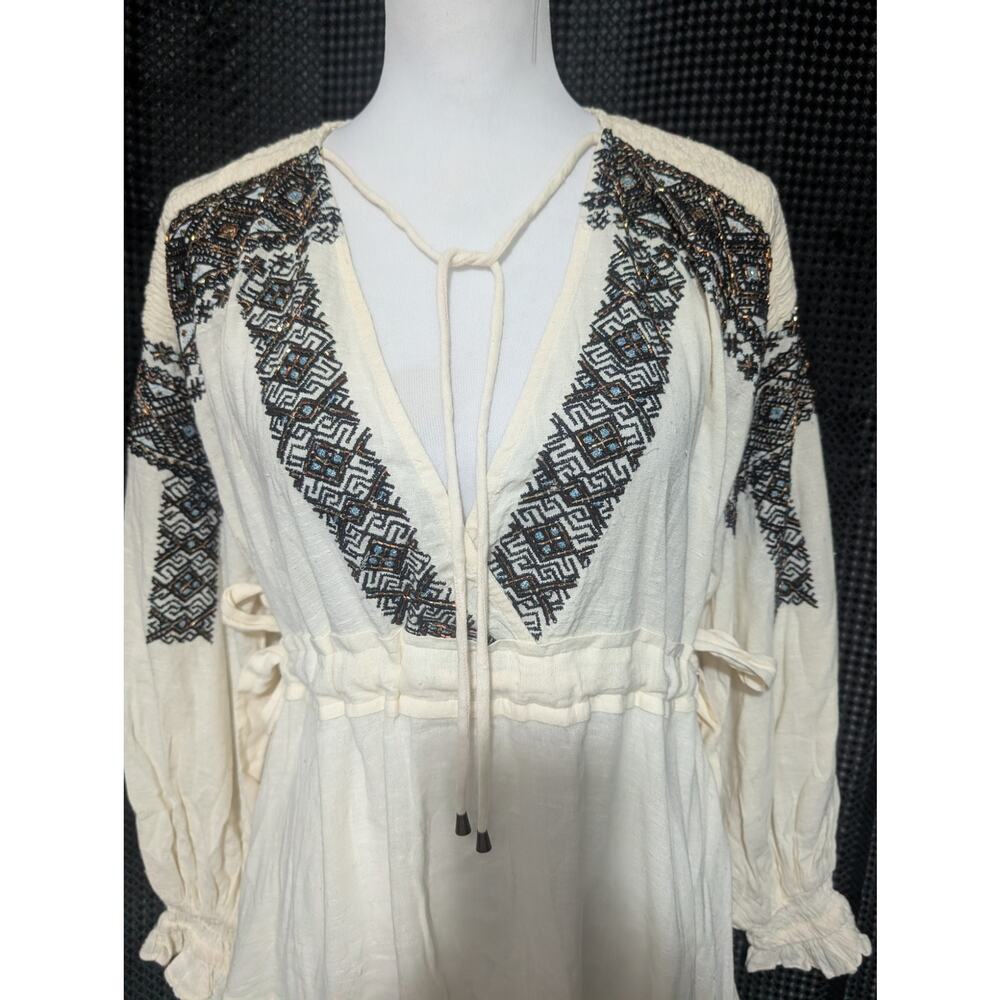 FREE PEOPLE! CREAM COTTON BLEND BEADED/EMBROIDERED BODICE BACK TIE DRESS! SZ S - Picture 3 of 12